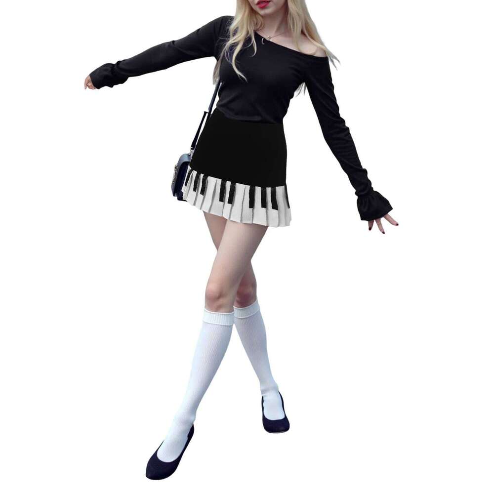 2000s Aesthetic Elegant Y2k Black White Piano Women Slim Design Harajuku Mini Skirt Female Retro Korean Preppy Faldas 2025 Z260314