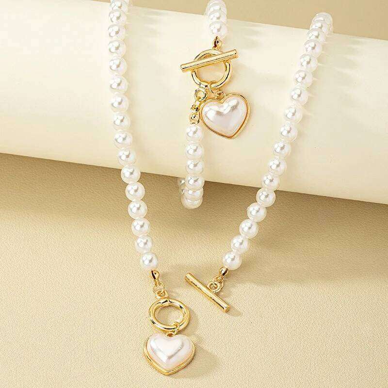 KMVEXO 2pcs Elegant Pearl Heart Pendant Necklaces Bracelet Set Women Imitation Pearls Chain OT Buckle Korean Jewelry Sets Girls Z260313