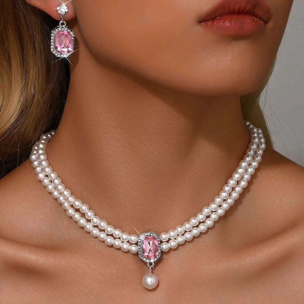 Fashionable double-layer pearl super sparkling geometric set, elegant and high-end jewelry set for women Z260313