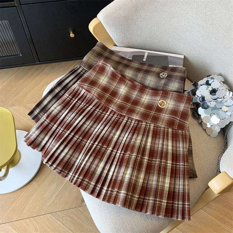 Vintage Brown Plaid Preppy Style Spring Summer Women A-line Short Pleated Y2k Red Patchwork High Waist Mini Skirt Harajuku Z260314