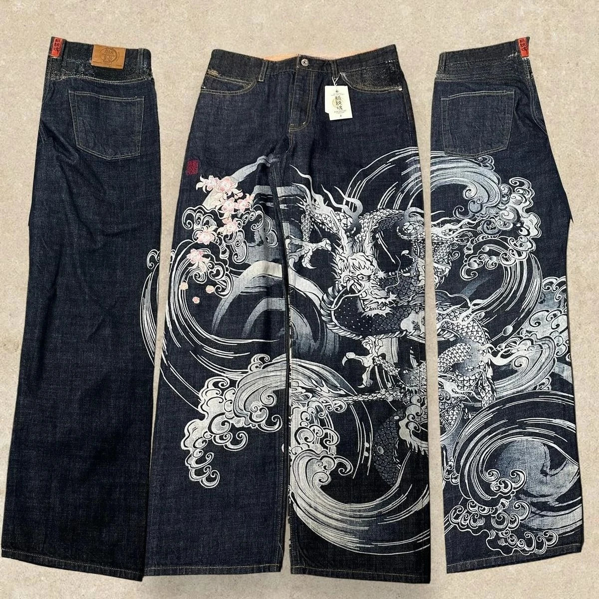 Harajuku Punk Japanese Jeans Mens Dragon Snake High Quality Jeans Gothic Retro Hip Hop Street Denim Fabric Wide Leg Pants 260311