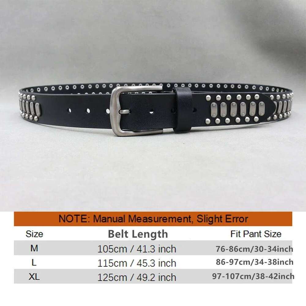 Brand Men Rivet Real Pin Male Black Rock Genuine Leather Cowhide Luxury Punk Belt Jeans Z260226