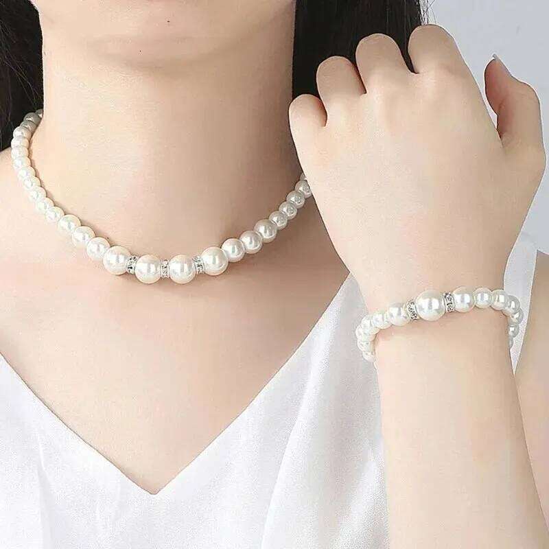 3 PCS Imitation Necklace Bracelet Earring Stud Fireball Pearl Beaded Women Luxury Bridal Party Jewelry Set Z260313