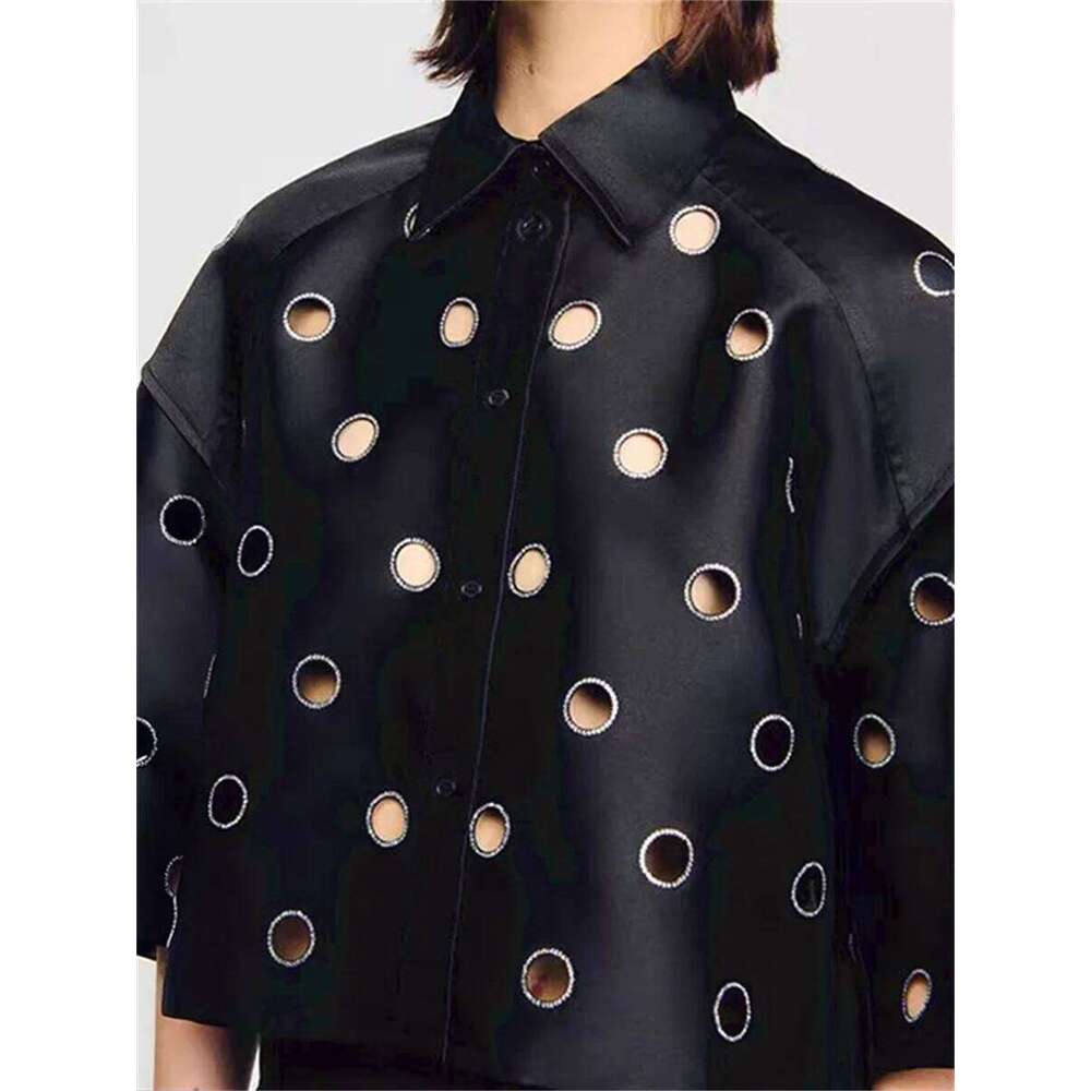 Water Diamond Ring Hollow Out Women Single Breasted Short Shirt +Elastic Waist Casual Shorts Early Autumn 2025 Black Set Mdng260314