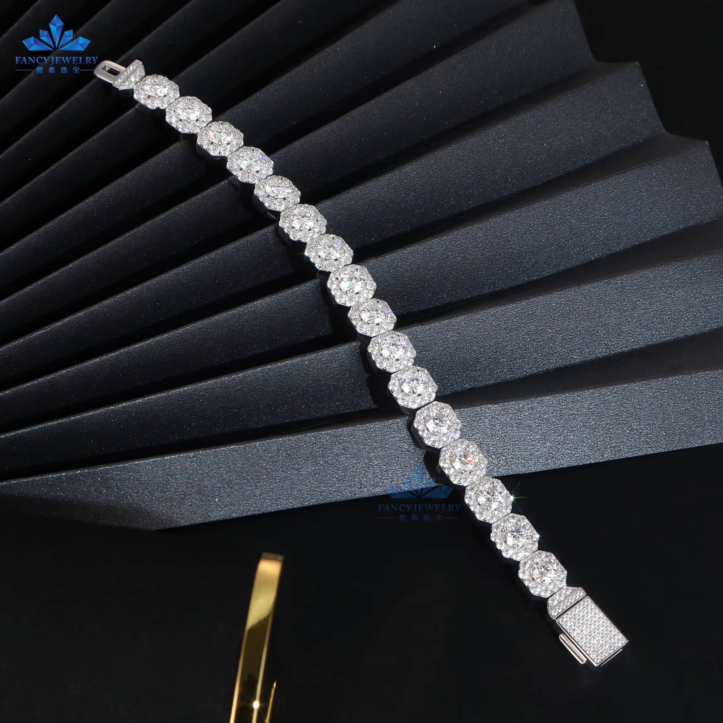 HipHop 11mm Tennis Diamond Bracelets 18k Gold Plated Round D VVS Moissanite Iced Out Tennis Chain Bracelet Jewelry for Men