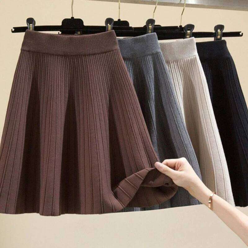Fashion Elastic High Waist Knitting Women All Match Solid Color A Line Pleated Skirt Woman Trend Mini Skirts Female Z260314