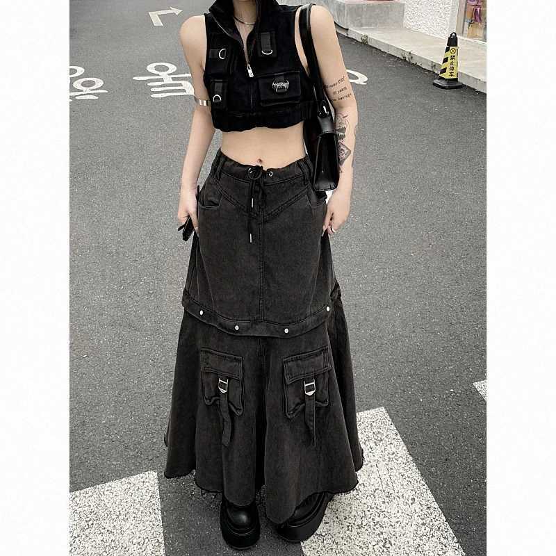 American Style High Waist Skirt for Women 2026 Autumn Heavy Vintage Denim Skirts Y2k Grunge Mid-length Loose Faldas Mujer Jupe M260314