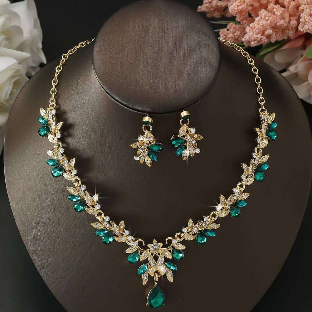 Emerald Green Crystal Jewelry Set Bridal Necklace Earrings 2Pcs Gold Plated Leaf Water Drop Pendant for Wedding Party Evening Dr Z260313