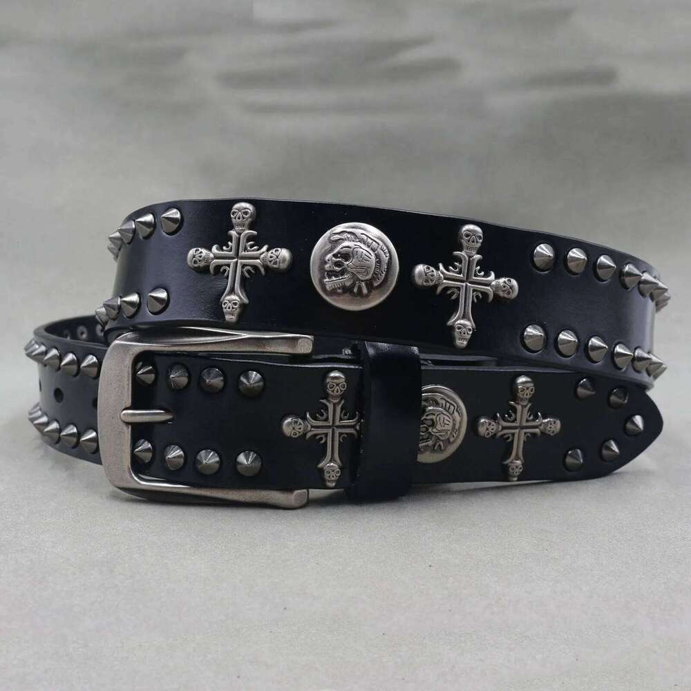 Metal Skull Cross Cowboy Genuine Leather Cowskin Belt Punk Rivet Jeans Belts For Men Ceinture Z260226