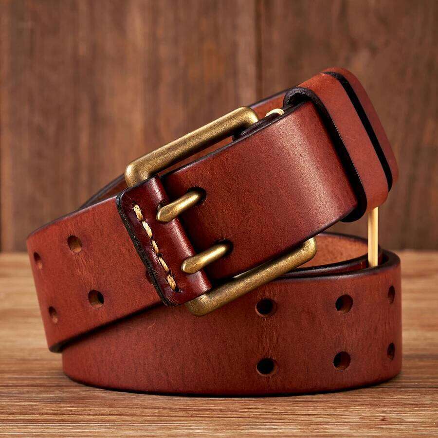 3.8cm Wide Vintage Men's Cowhide Genuine Leather Copper Double Needle Buckle Handmade Jeans Belt Fashion Male Strap Z260226