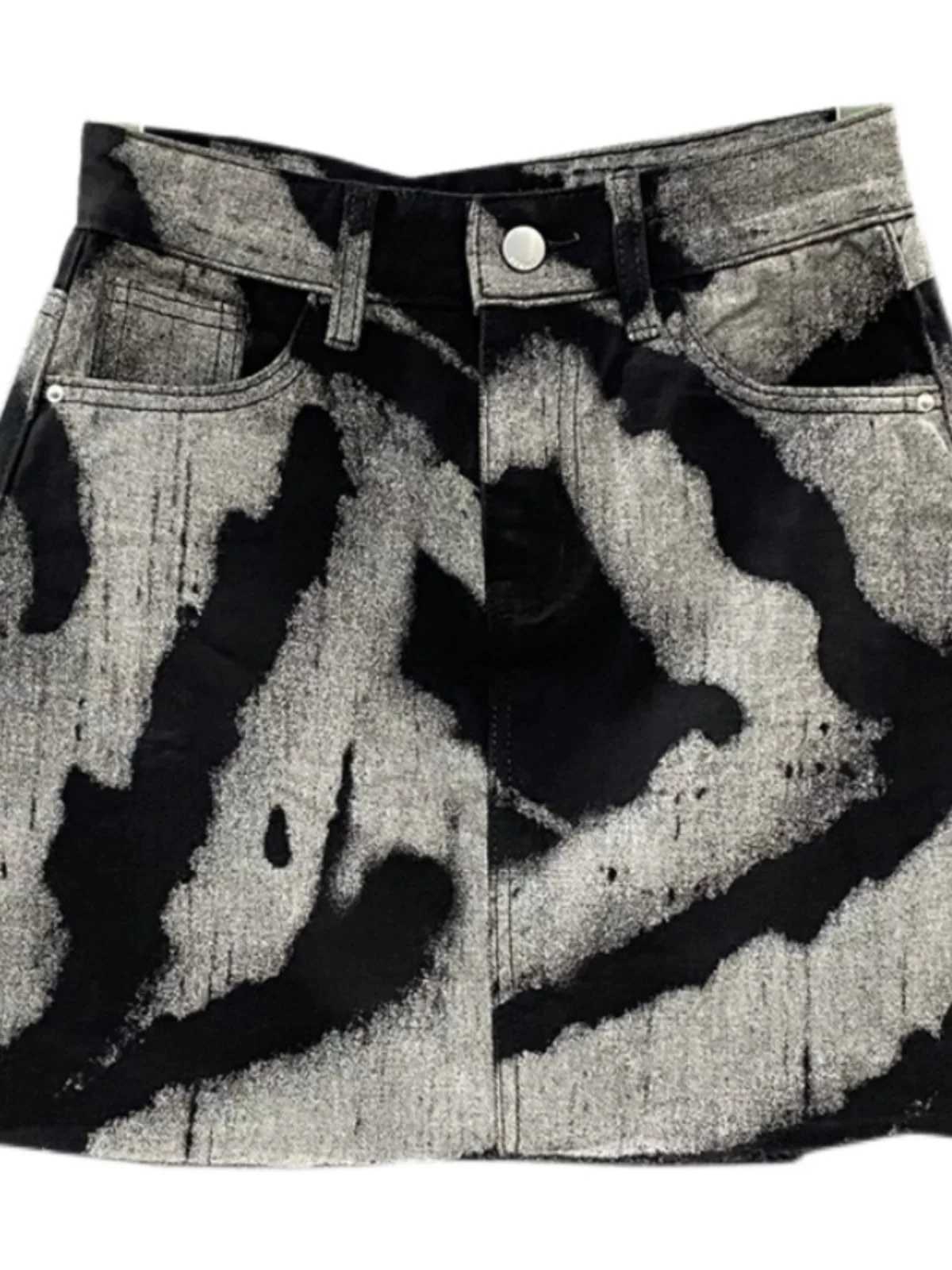Black Gray Tie Dye Denim Short Skirt High Waist Personalized Pattern Denim Skirt Fringed A-line Skirt Fashion Versatile Skirt M260314