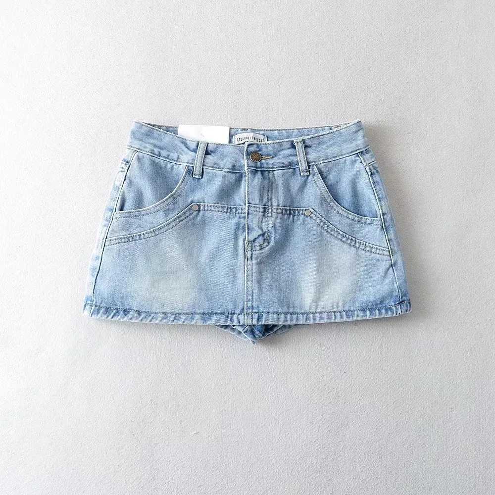 Skirts for Women Sexy Slim Solid Colour Pockets Spliced 2024 Summer Casual Femme High Waist Wrap Hip Mini Short Denim Skirt M260314