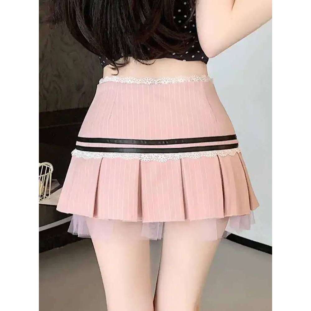 Summer Korean Sweet Striped Pink Pleated Skirts Women's Elegant Bow Hight Waist A Line Y2k Sexy Lace Streetwear Mini Skirt Z260314