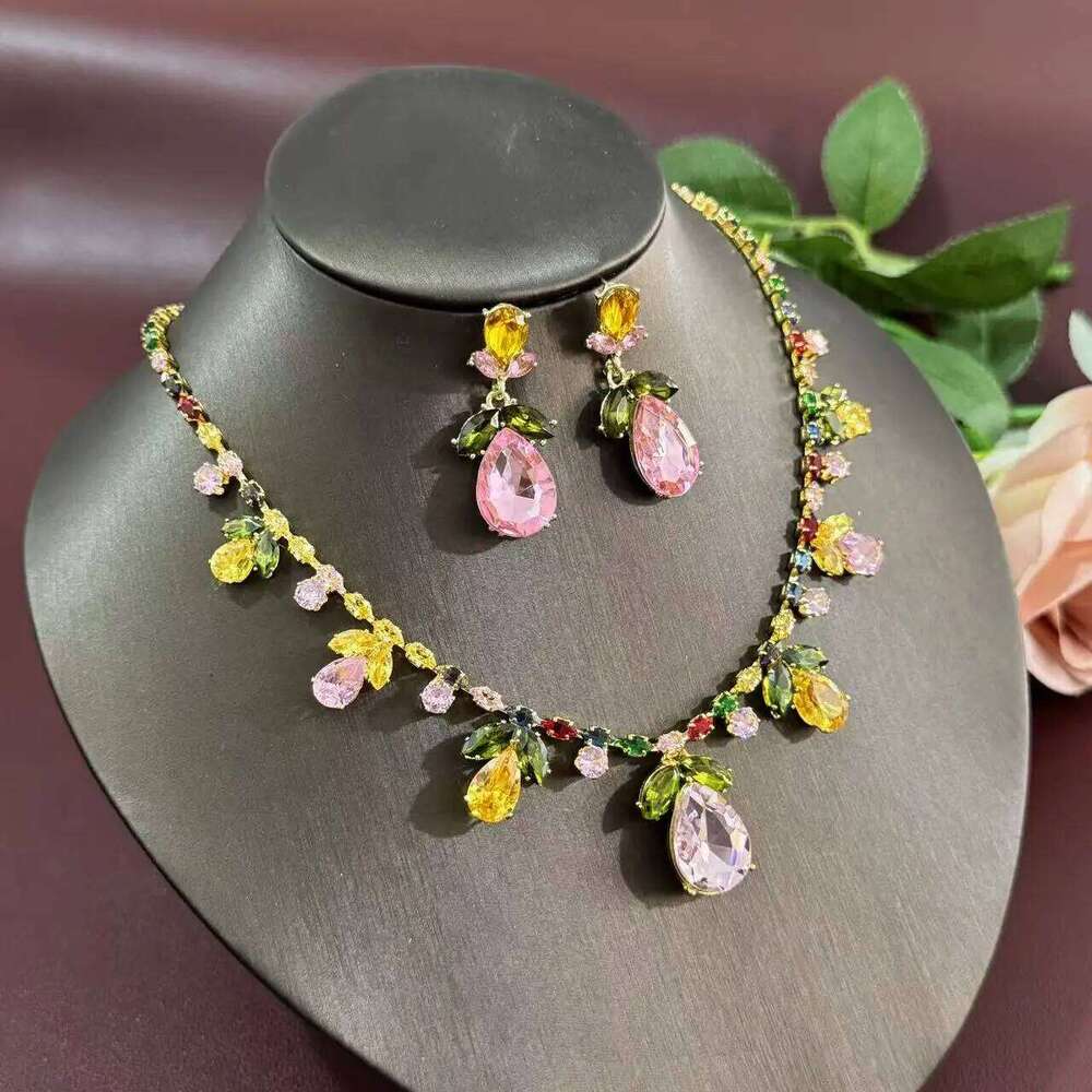 3PCS universal fashion trend zircon luxury necklace earrings pink tulip suit ins live burst wear skirt Z260313