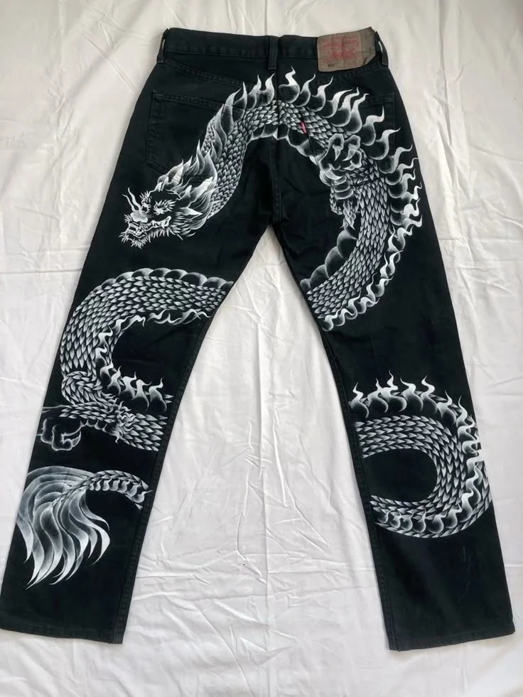 Harajuku Punk Japanese Jeans Mens Dragon Snake High Quality Jeans Gothic Retro Hip Hop Street Denim Fabric Wide Leg Pants 260311