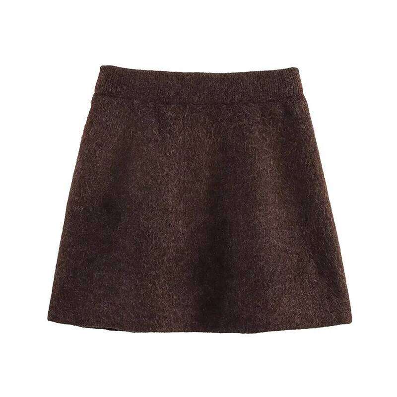 YENKYE 2025 Women Brown Side Seams Knit Mini Skirt Vintage High Waist A-line Elegant Skirts faldas mujer Z260314