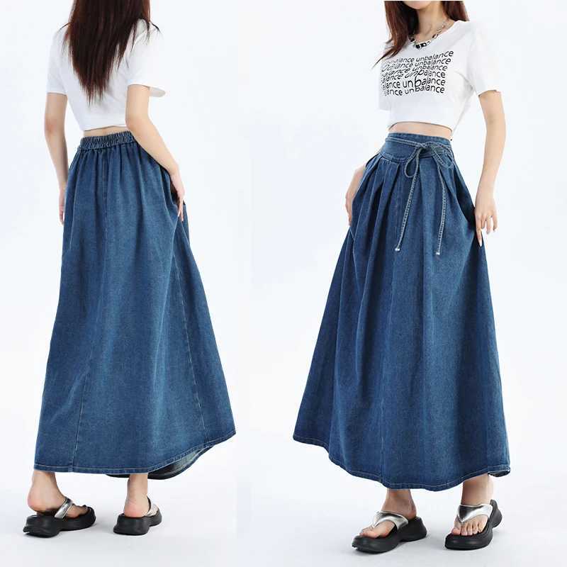 Autumn 2024 New High Elastic Waist Long Denim Skirt For Women Korean Style Streetwear Lace-up Blue Maxi Jeans Skirts Female M260314