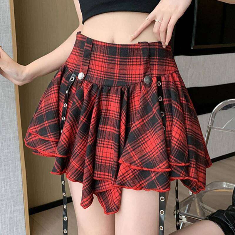 Gothic Mini with Hanging Grommet Strap Tiered Ruffles High Waist Tartan Skirt Women Teen-Girl Grunge Punk Rock Y2K Outfit Z260314