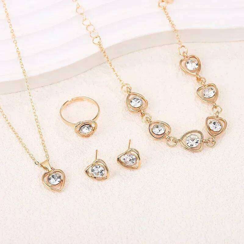 5 PCS/Set Fashionable Elegant Gold Rhinestone Heart Shaped Decorative Jewelry Earrings Necklaces Bracelets Ring Combinations Z260313