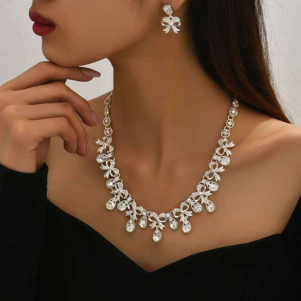 3 pcs women's jewelry set with rhinestones, bow necklaces, earrings, bridal wedding accessories Z260313