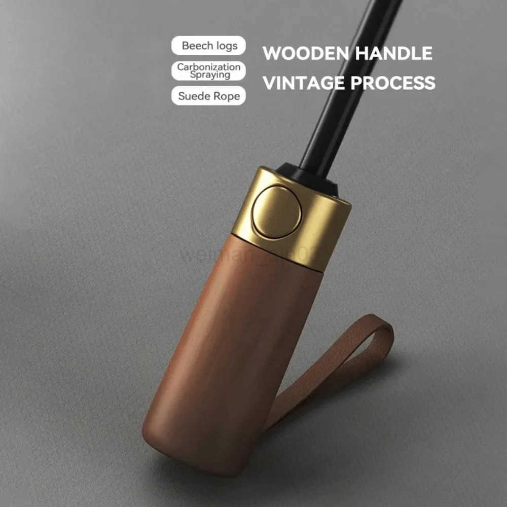 Fully Automatic Wooden Handle Umbrellas Men Foldable Black Business High End Wooden Handle Umbrella For Both Sunny And Rainy Use H260314