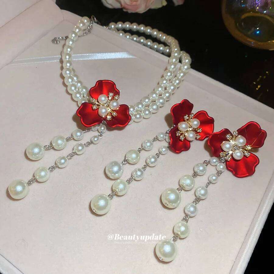 Flower Pearl Necklace Earrings Exquisite Elegance Temperament Jewelry Set Luxury Women Z260313