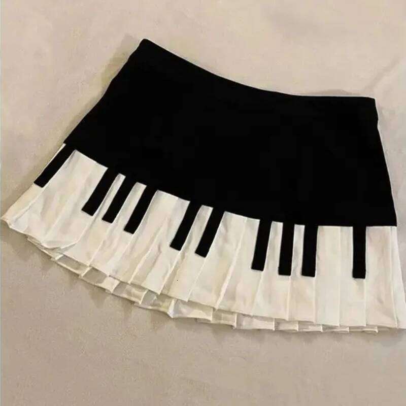 American Vintage Black White Piano Keys Skirts Y2k Slim Waist Ruched A-line Skirt 2025 Summer Casual Mujer Women Clothes Z260314