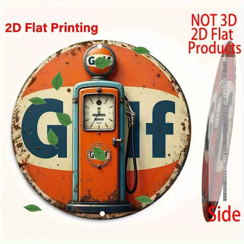 Vintage Durable Waterproof 8x8 Inch Round Aluminum Wall Art - 2D Flat Gas Pump Metal Sign with Classic Car Design D260314