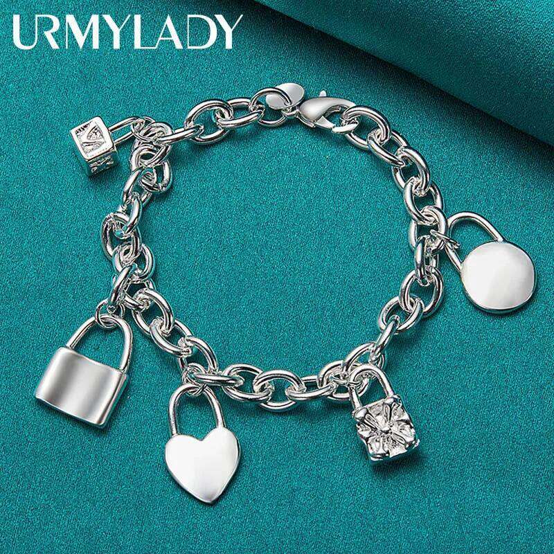 URMYLADY 925 Sterling Silver Lock Pendant Bracelets For Women Men Wedding Party Fashion Jewelry Z260313