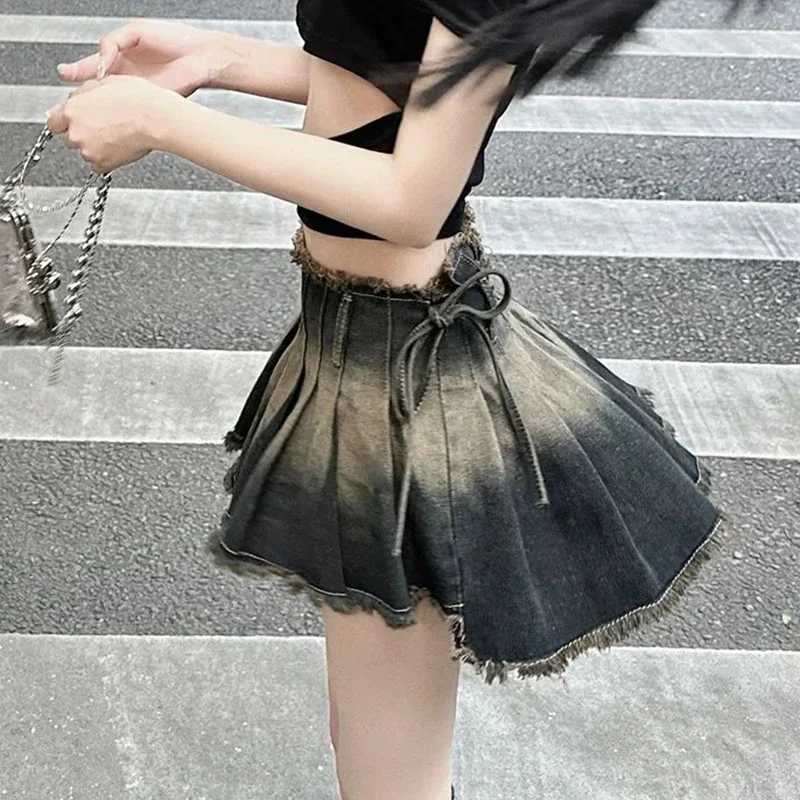 Pleated Skirts Women Slim Gothic Summer Y2k Denim Clothing School s Mini Vintage Ins Fashion All-match Faldas Tassel Design M260314
