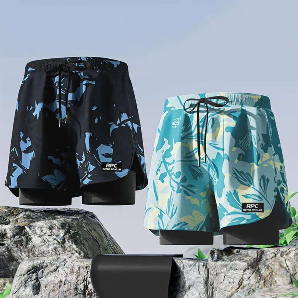 Men Summer Shorts With Supportive Compression Liner Pockets Printing Swimming Trucks Swimwear Z260314