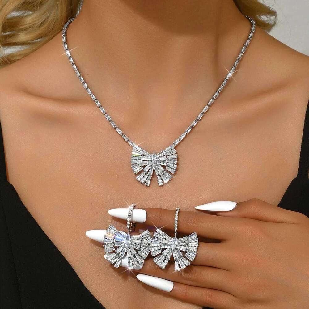 3PC Women's Fashion Zircon Bow Necklace Earrings Jewelry Set Suitable for Wedding, Party, Festival Gifts-8551 Z260313