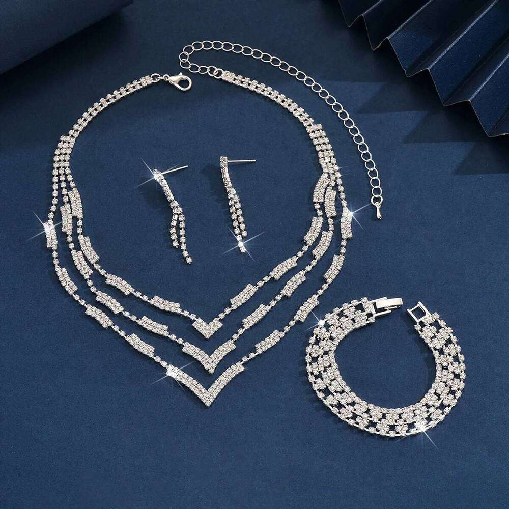 Fashionable rhinestone sparkling necklace, earrings, bracelet light luxury style, high-end jewelry set, women's Z260313