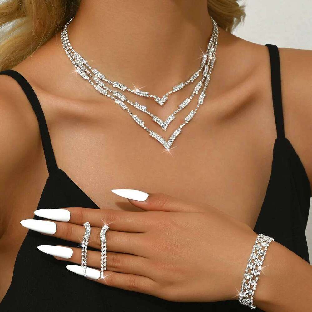 Fashionable rhinestone sparkling necklace, earrings, bracelet light luxury style, high-end jewelry set, women's Z260313