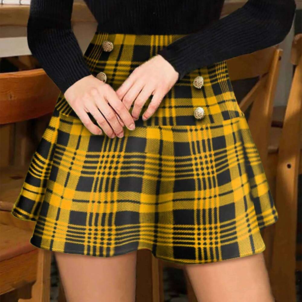 Women Pleated Button-decorated Plaid Print Lady Versatile Style Double-breasted High Waist Female Mini Skirt Z260314