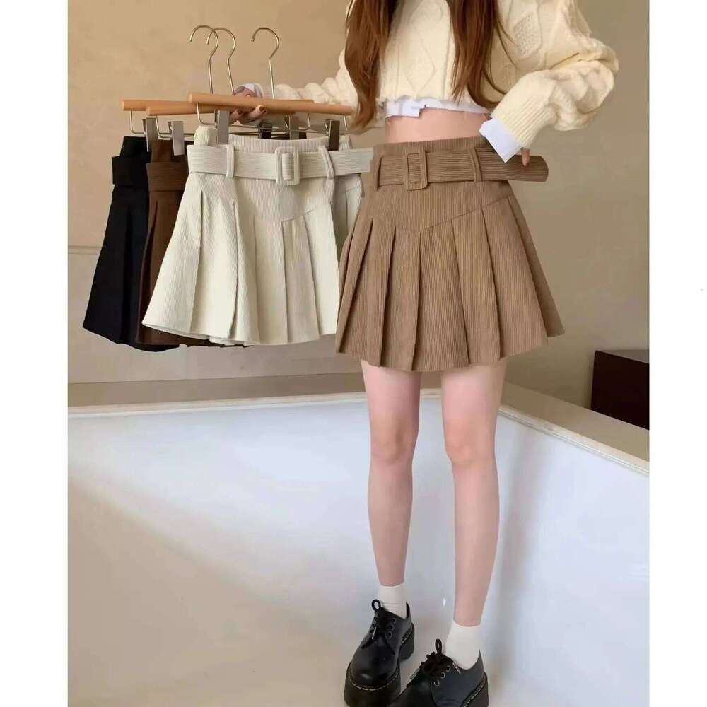 Cord Belted Pleated Texture Corduroy Box Pleat Mini Skirt with Belt Women Teen-girl Academy School Autumn Winter Outfit Z260314