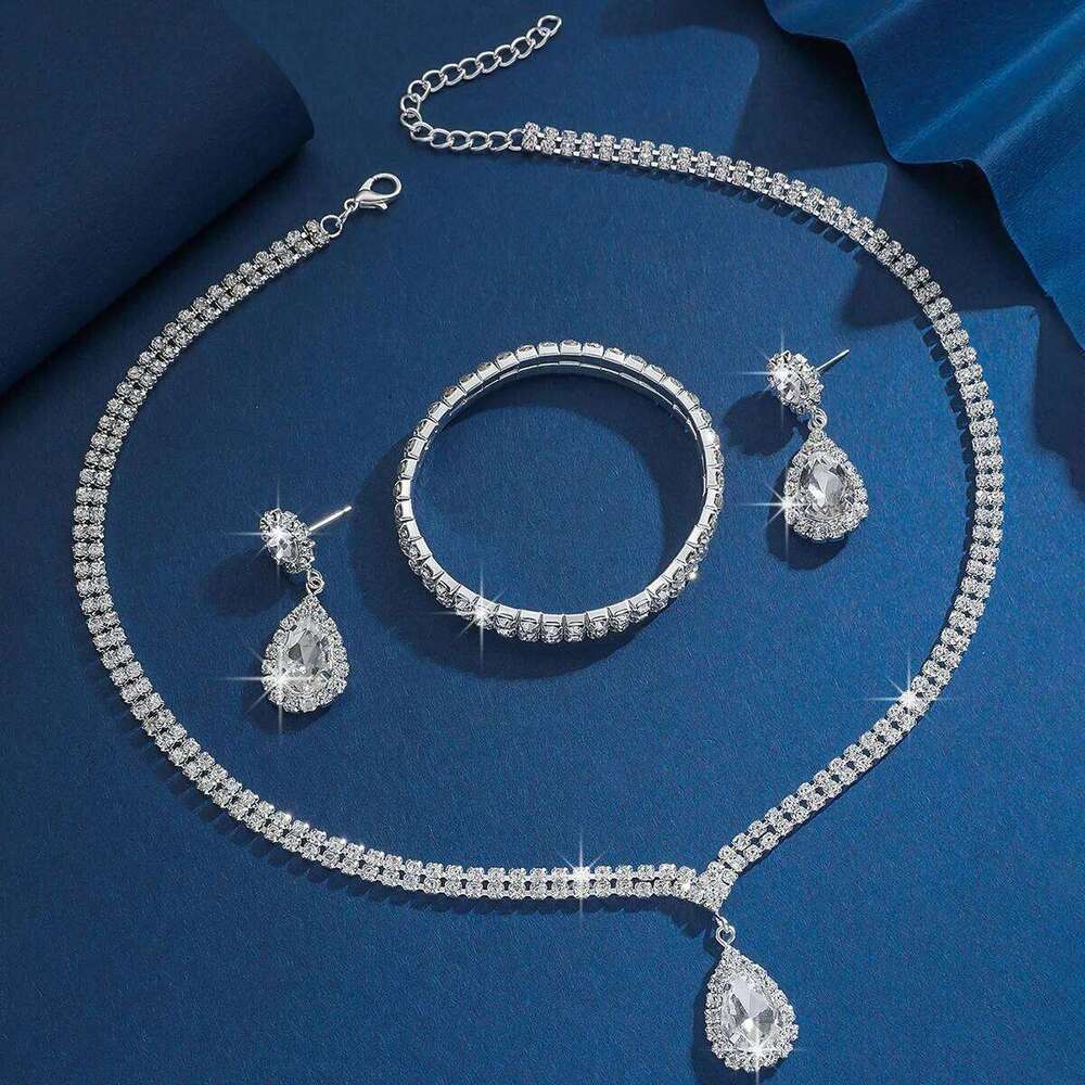 Elegant Teardrop Crystal Jewelry Set 4Pcs Necklace+Bangle+Earrings Shiny Silver-Plated for Women Wedding Party Evening Prom Z260313