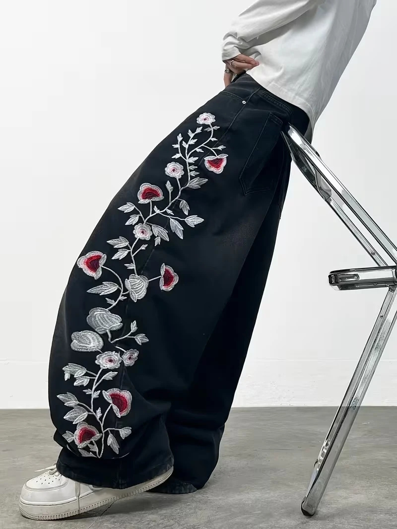 Y2K Grunge Style Floral Print Jeans Unisex Black Washed Loose Wide Leg Denim Trousers 260311