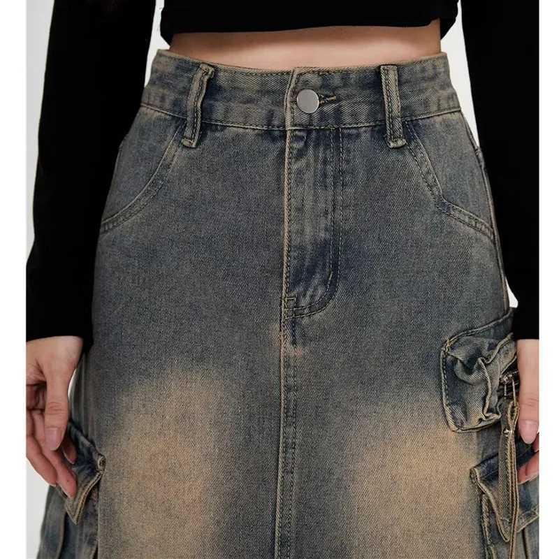 2025 Women Y2k High Waist Denim Ankle Length Cargo Skirts s Robe Cool Wrap Dress Female Retro Blue A Line Long Jeans Skirts M260314