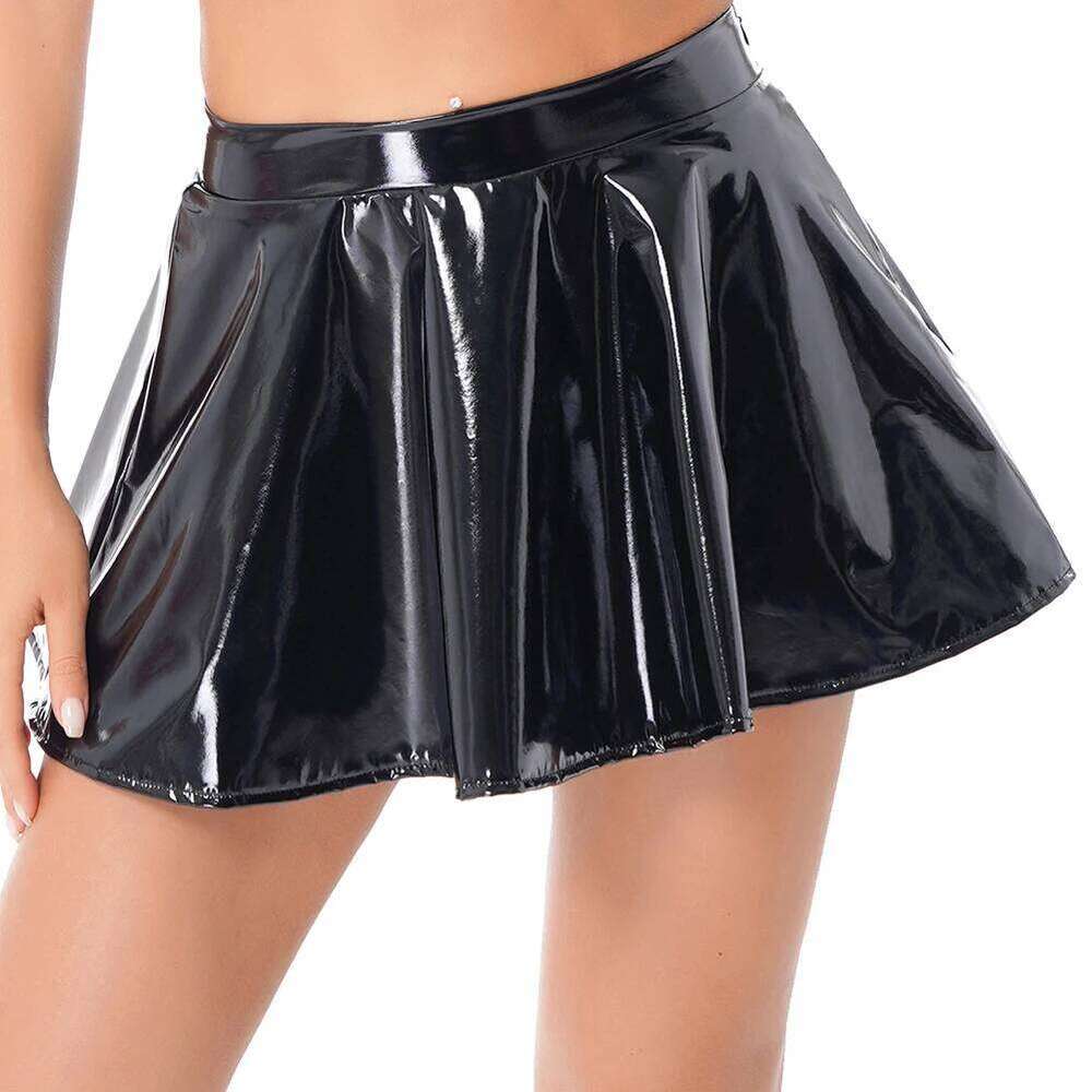 Fashion Short Women Patent Leather Wet Look Flared Mini Skirt Ladies Casual Daily Skirts Cosplay Costume Z260314