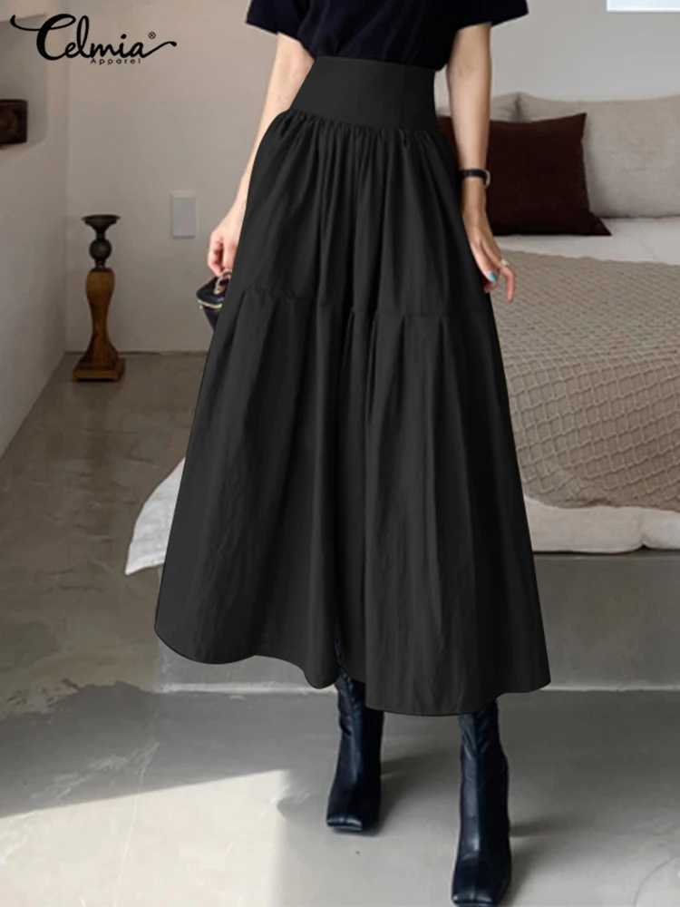 High Waist Swing Long Skirt Women Fashion Pleated Zipper Party Jupe Casual Loose A-line Skirt 2025 Vintage Beach Skirt M260314