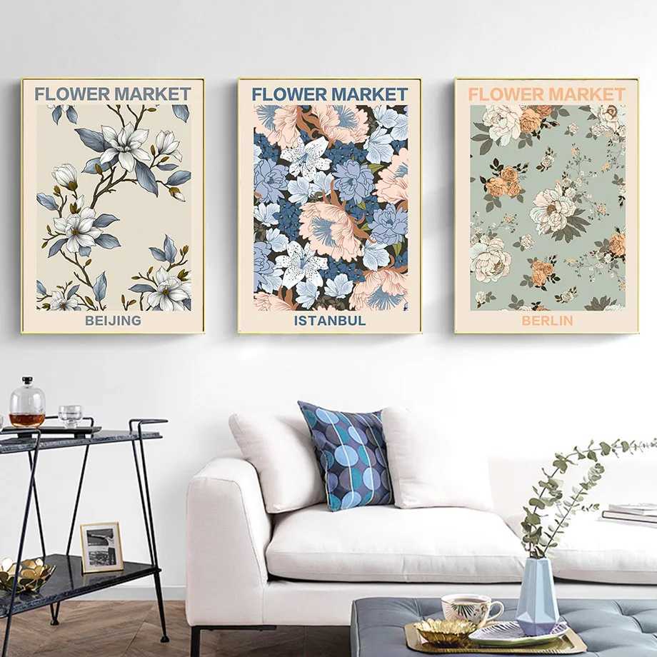 Abstract Flower Market Vintage Flower Plant Wall Art Canvas Painting Posters and Prints Wall Pictures for Living Room Home Decor D260314