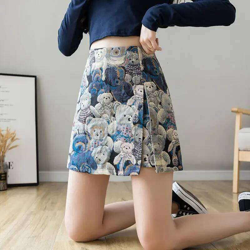 New Vintage Bear Print Skirt Women Fashion Japanese High Waist Slit Mini Skirts Female 2025 Summer Z260314