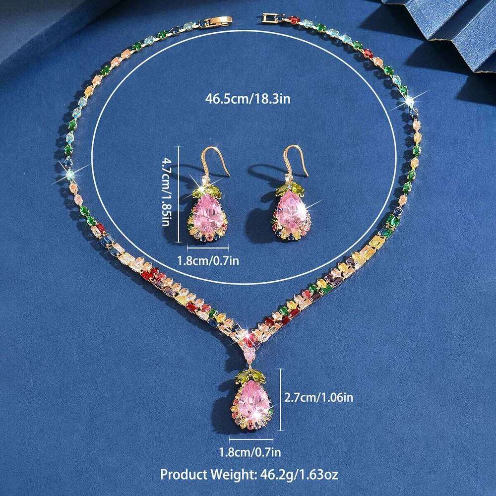 Colorful zircon pendant earrings Korean high-end, sweet and unique necklace fashionable princess jewelry set Z260313