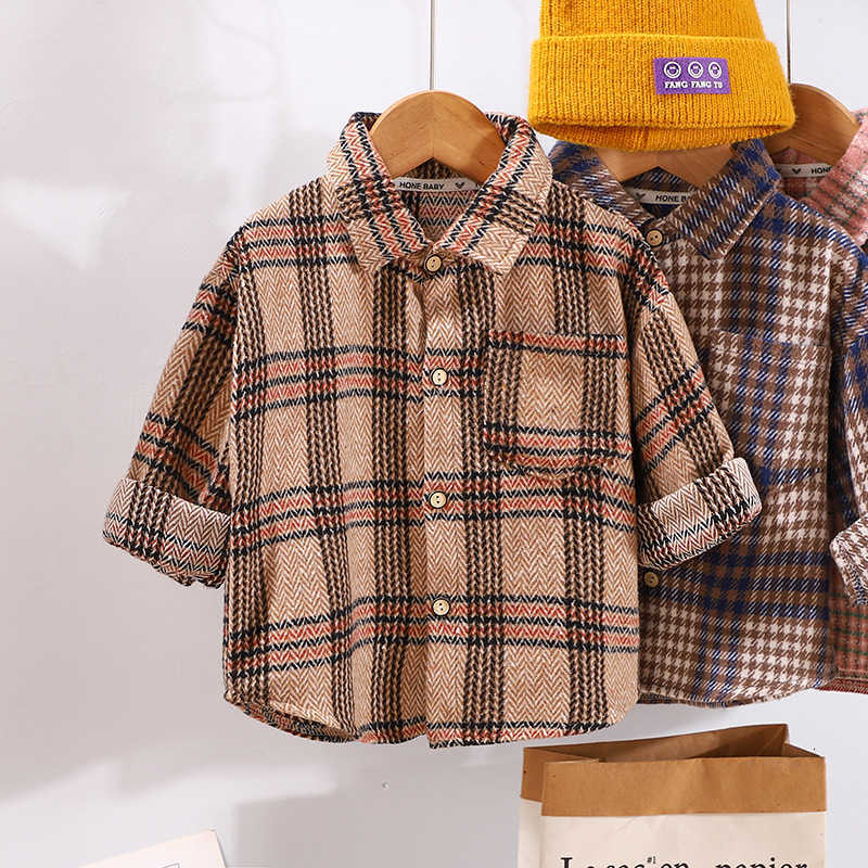 Cardigan Children's Spring and Autumn New Plaid Shirt for Young Boys and Girls Long Sleeve Top Jacket Brushed Wool Shirt