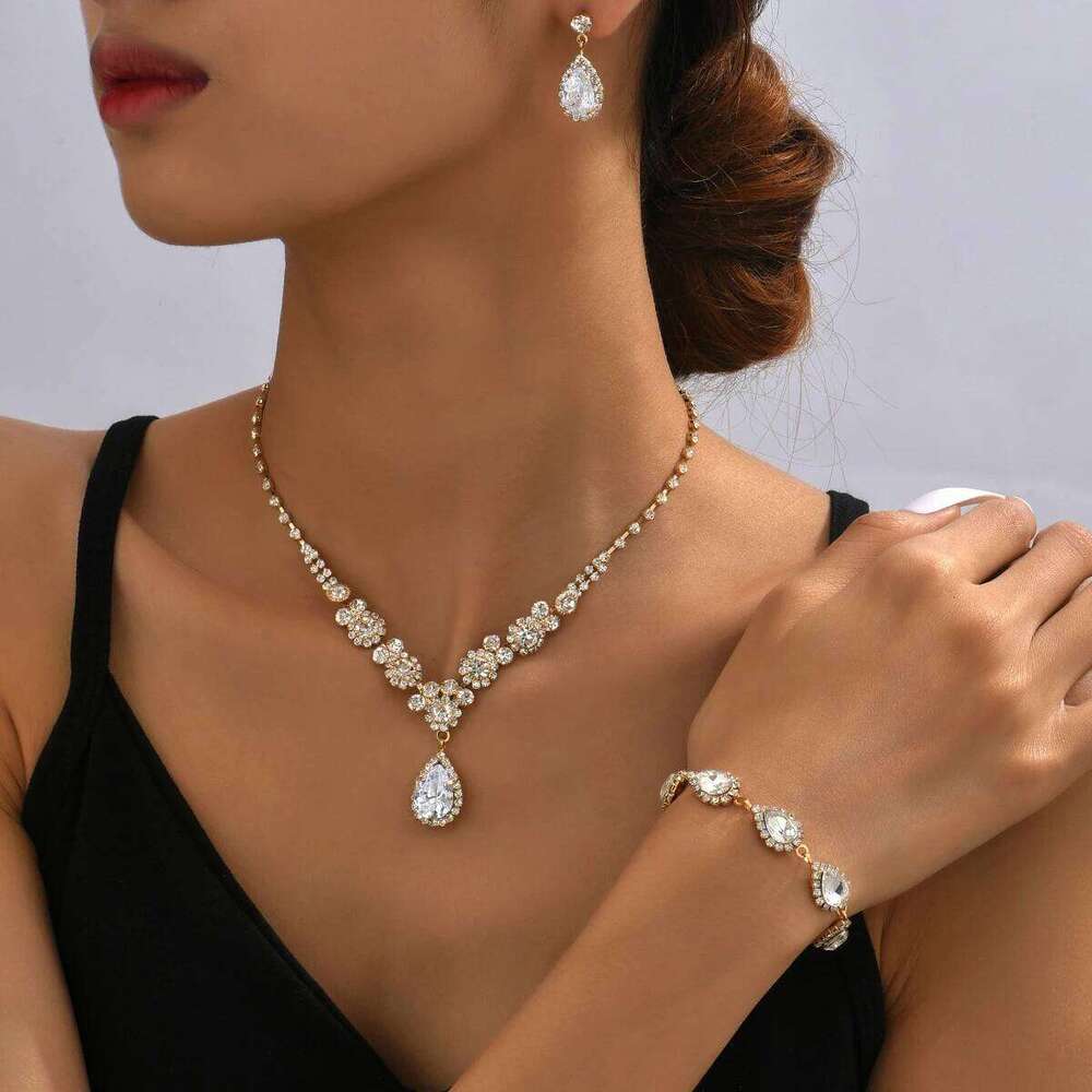 4PC women's fashionable rhinestone water droplet necklace earrings bracelet jewelry set wedding banquet party holiday gift Z260313