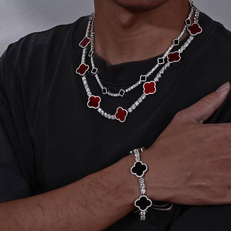 925 Sterling Silver Clover Moissanite Tennis Chain Bracelet and Necklace 5mm Pass Diamond Test Fashionable for Men and Women