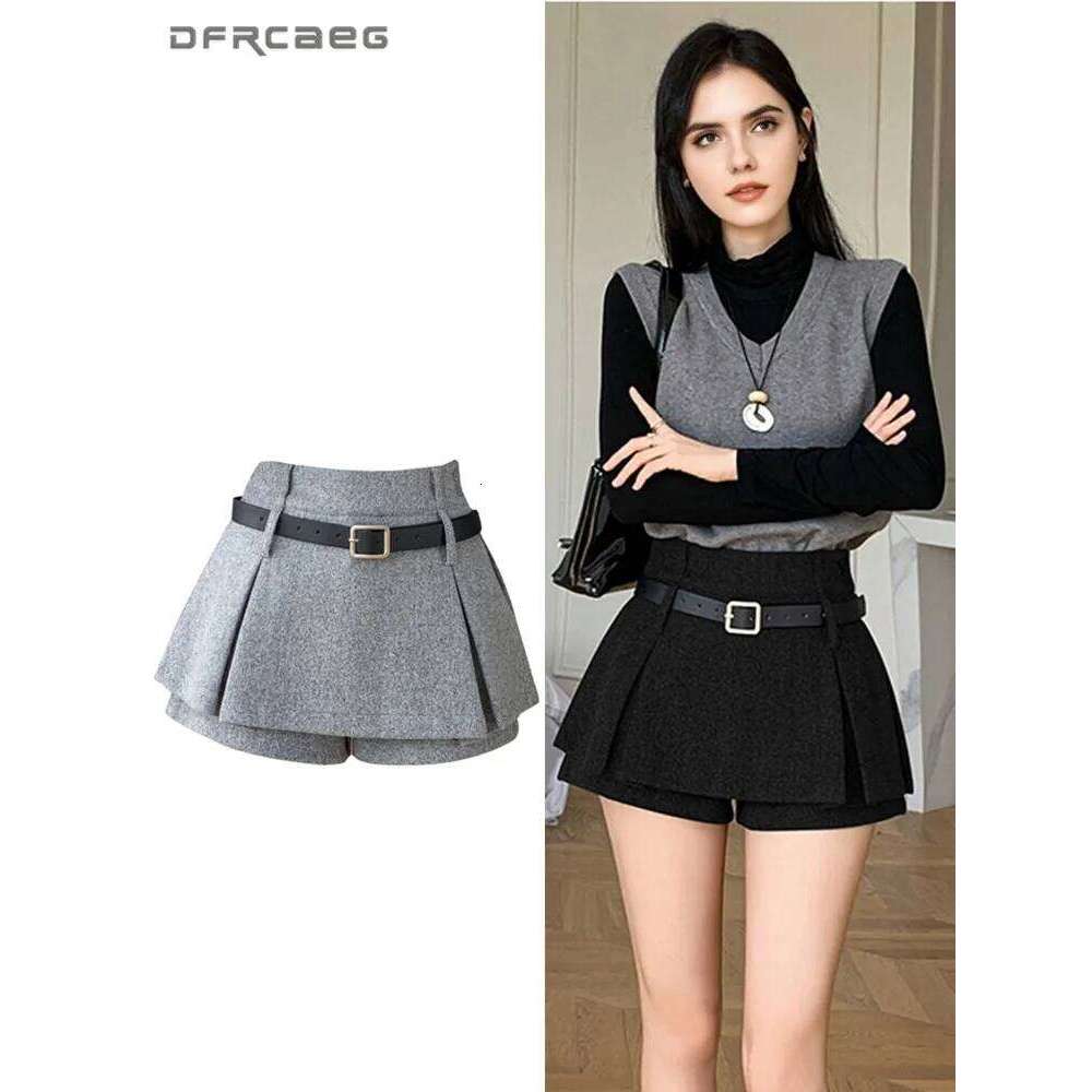 Preppy Style Gray Winter Thicken Women's Wool Skirt With Belt High Waist Casual Slim Hotsweet Y2k A-line Short Skirts Female Z260314