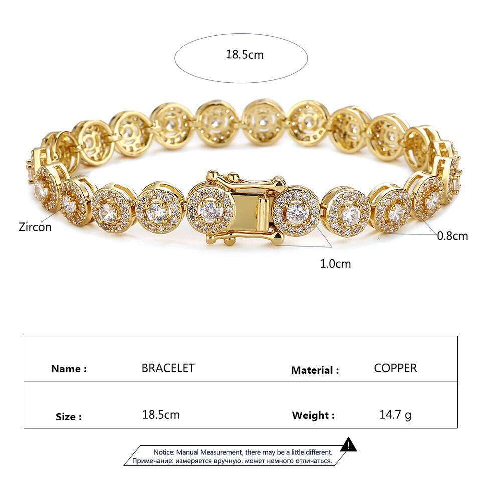 Hiphop/Rock Trendy Round Zirconia Tennis Bracelets For Fashion Men Women Gold Color Crystal Wristlet Jewelry Bangles Z260313