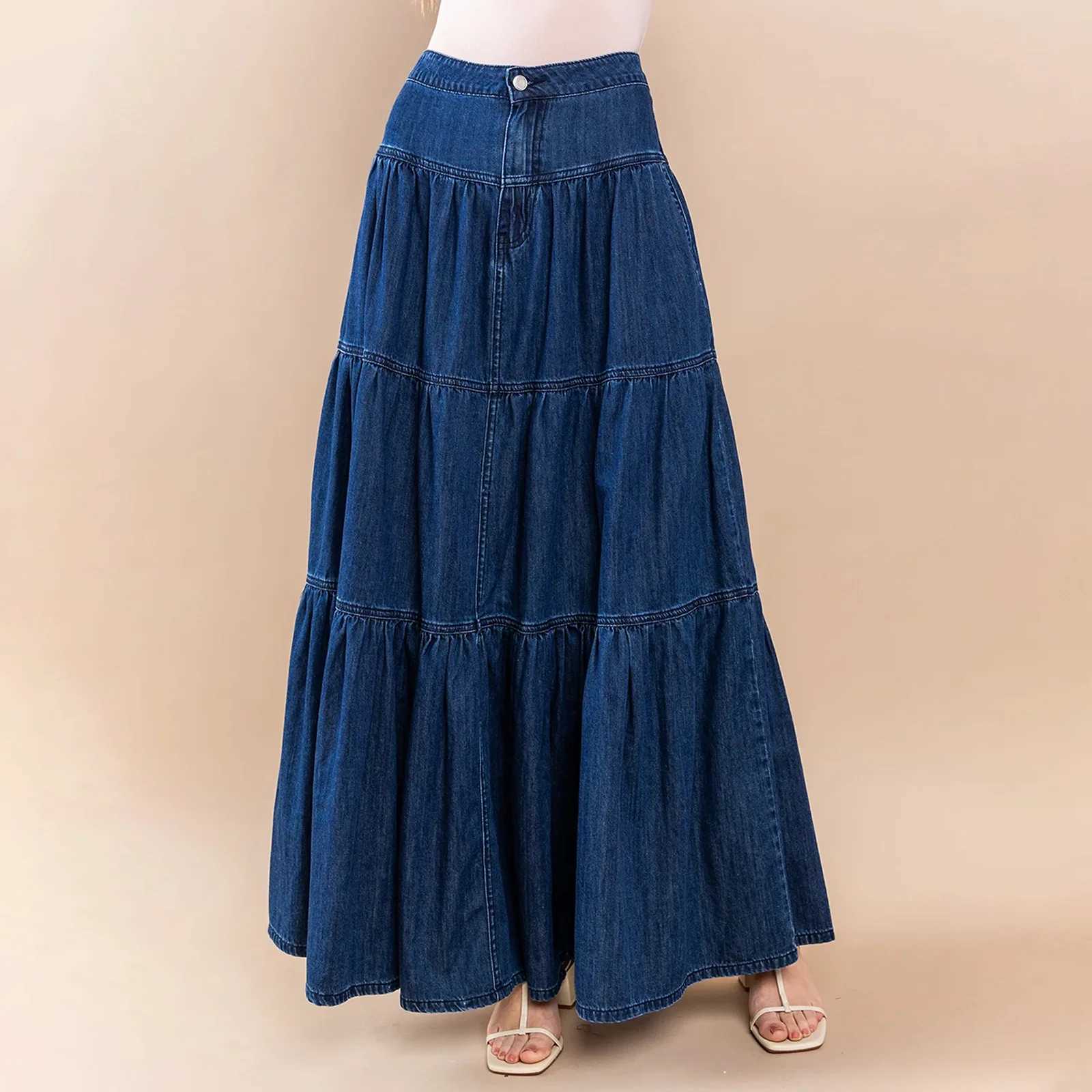 New Womens Denim Long Skirt Stylish Solid High Waist A-Line Jean Skirt For Summer Spring Club Street Style S-XL M260314